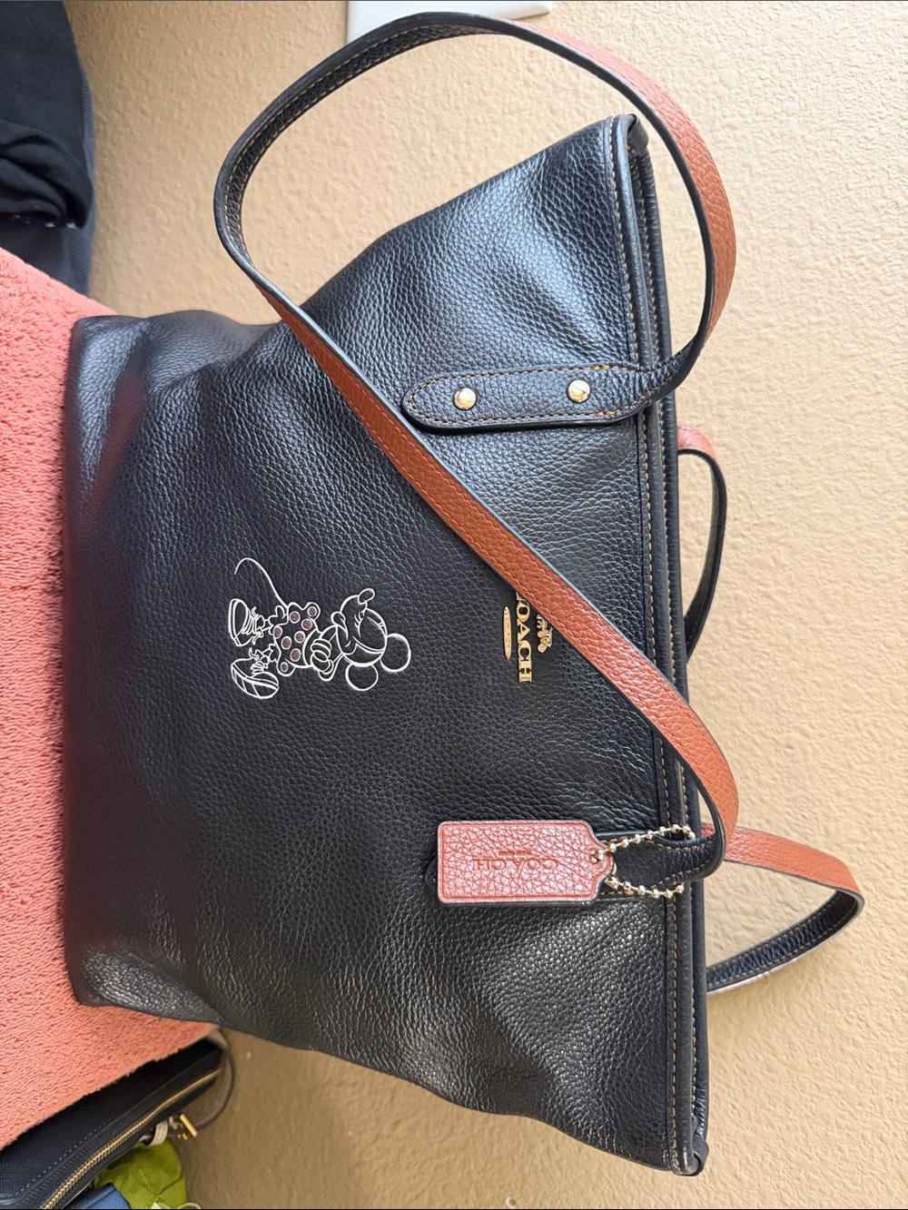 Coach Black Pebbled Leather Shoulder Bag with Brown Strap and Pink Tag